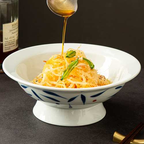 川湘菜高脚炒菜盘釉下彩t陶瓷小炒肉碗高脚碗中式冷菜盘商用餐具