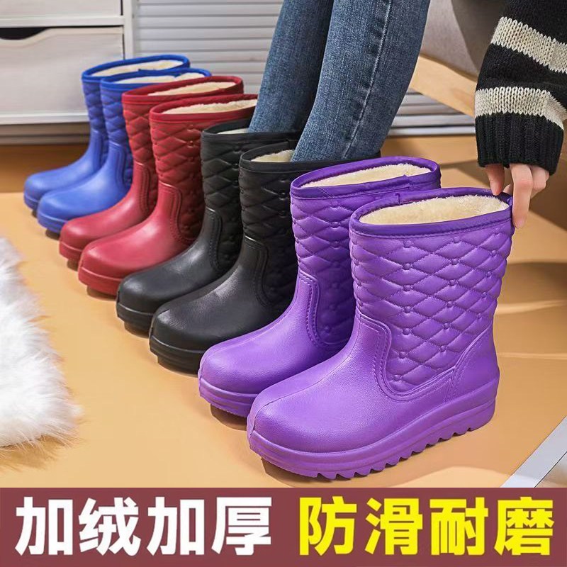 雨鞋女加绒防滑水鞋加厚保暖防水棉鞋G雨靴冬季一体绒厚底防油胶