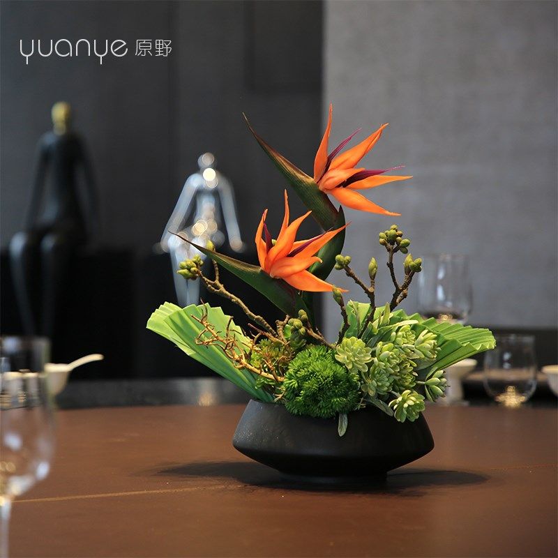 酒店圆桌转d盘高端仿真花餐桌花摆花茶室客厅玄关摆件假花摆设餐