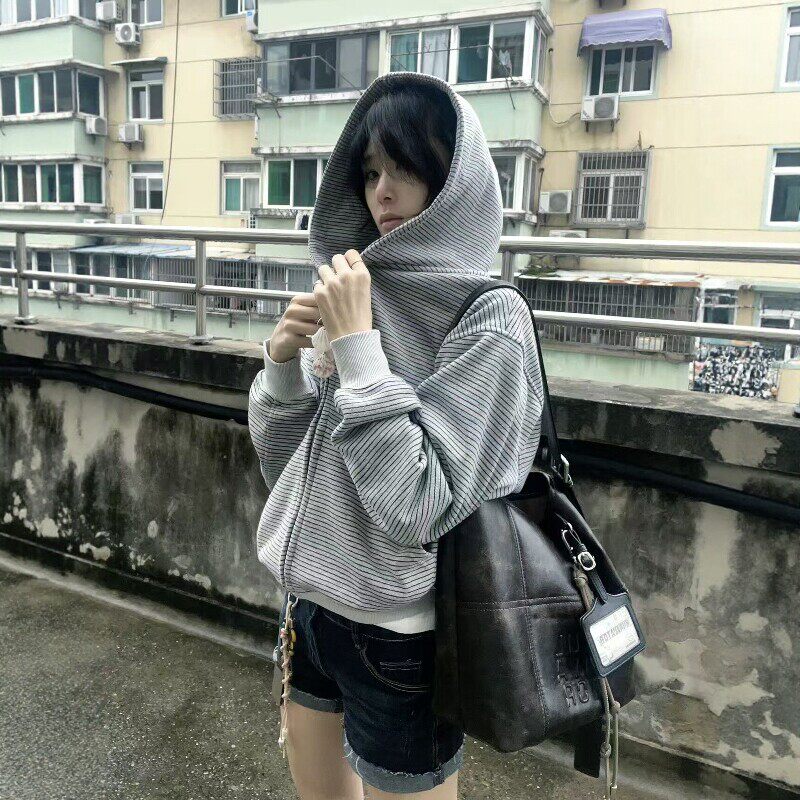 PMY 条纹420g复合银狐绒春款连帽拉链卫衣外套短宽帽衫通勤百搭