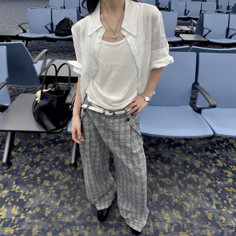 PMY 亚麻混纺格纹松弛感打褶直筒A字阔腿西裤慵懒风通勤休闲长裤