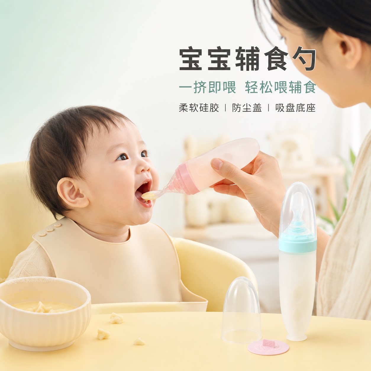 两人匠儿童餐具婴儿硅胶滴管式喂食器宝宝辅食勺吸盘底座6-12岁