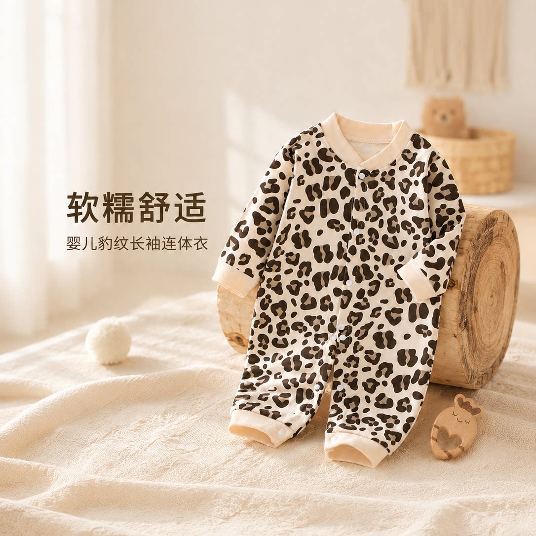 婴儿豹纹长袖连体衣纯棉保暖家居服可外穿洋气儿童家居服连体衣