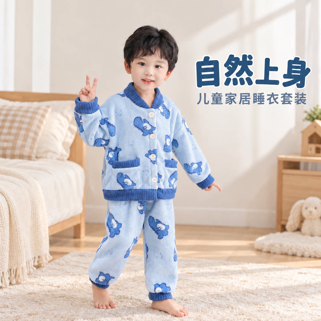 儿童睡衣新款秋冬季男童珊瑚绒加厚男孩恐龙套装宝宝法兰绒家居服