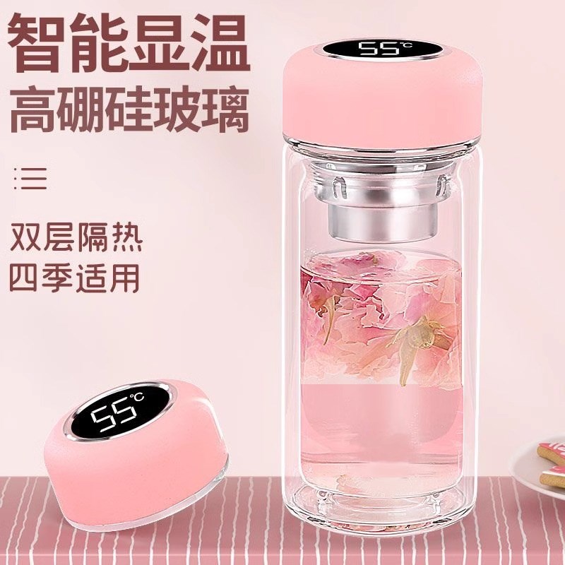 双层加厚耐热防爆便携式可爱玻璃杯I智能显温高颜值办公室水杯