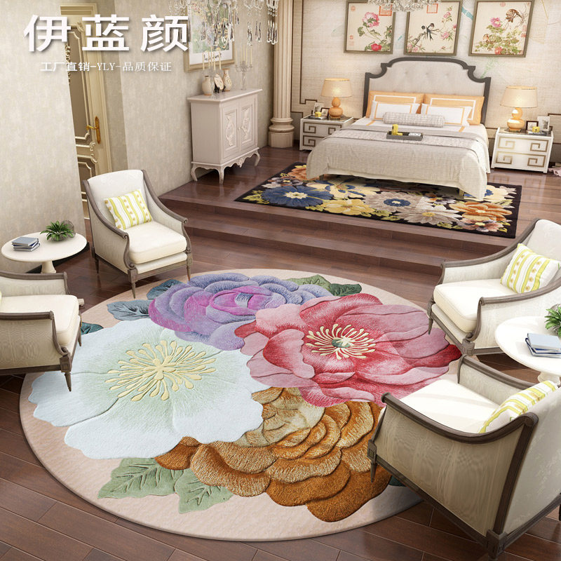 伊蓝颜欧式美式花朵花卉客厅餐桌垫书房卧室衣帽间圆形羊毛地毯