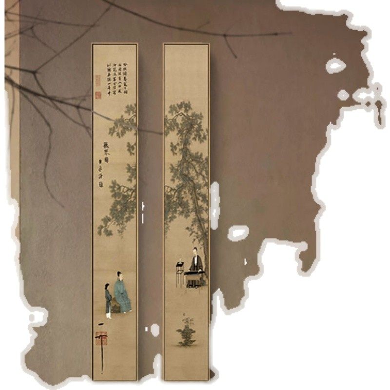 听琴图新中式装饰画客厅茶室背景墙壁画书房玄关挂画长条竖版餐厅