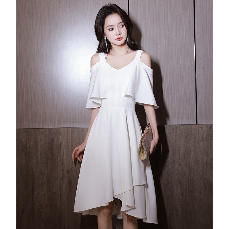 晚礼服裙女轻奢小众高端小个子缎面主持人端庄大气白色领证登记