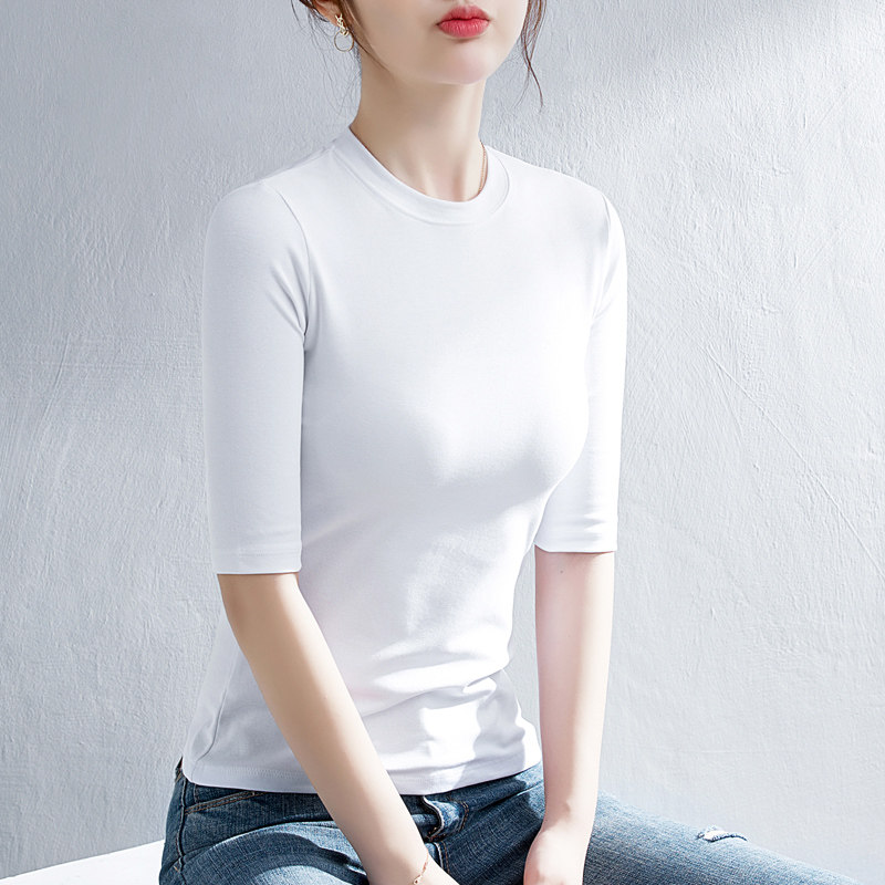半高领白色中袖t恤上衣女2021新款夏内搭短袖t桖紧身七分袖打底衫