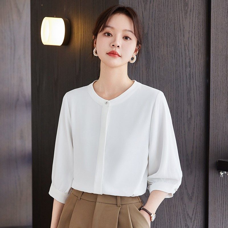 白色衬衫女夏季2025新款职业通勤E时尚洋气高级感垂感免烫雪纺衬
