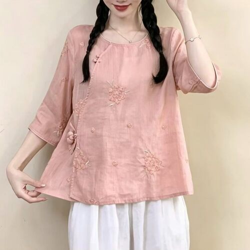 苎麻刺绣国风中袖衬衫2026文艺日系圆领斜门襟盘扣轻薄百搭女上衣