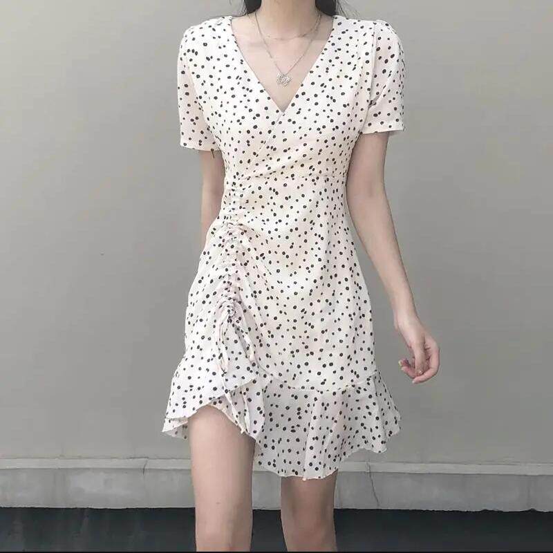 韩版甜美碎花不规则抽绳