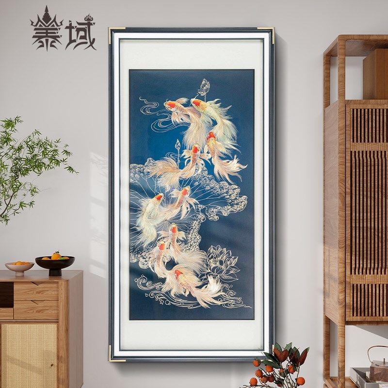 手工錾刻 铜雕画《九鱼聚财图》中D式玄关墙正对入户壁画艺术挂画