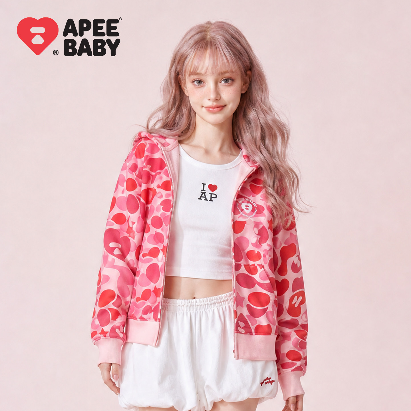 APEE粉色爱心满印连帽卫衣女图片