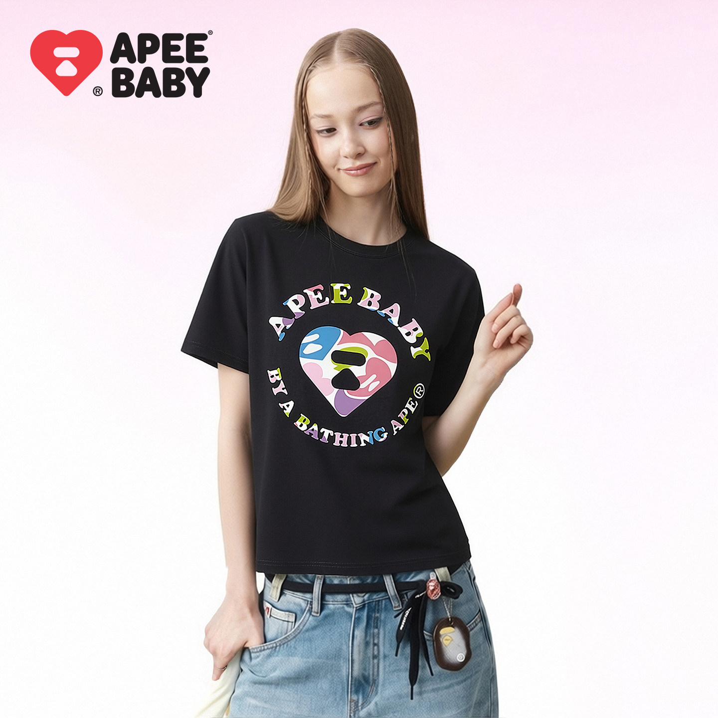 【明星同款】APEE by A BATHING APE短袖爱心图案迷彩多巴胺T恤 - 实物图