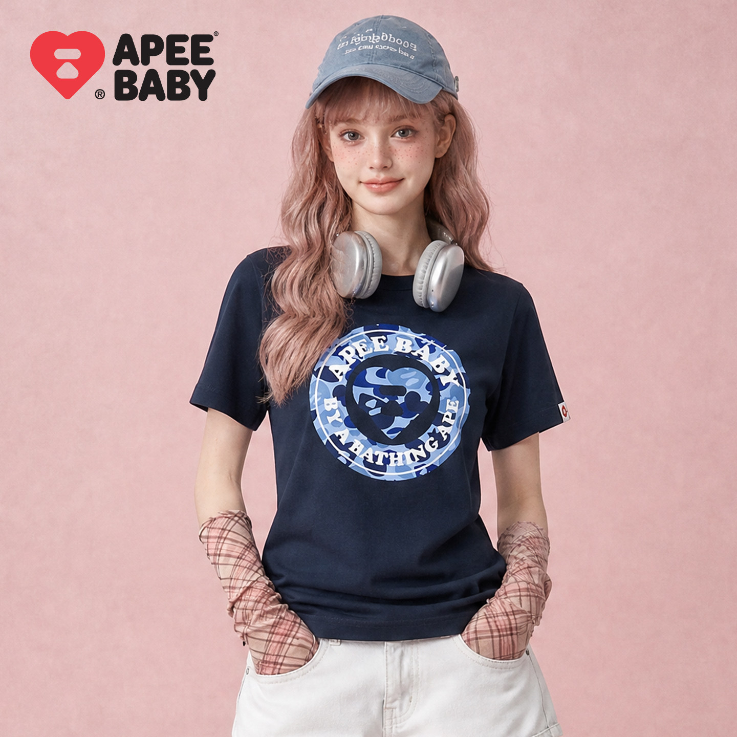 APEE深蓝色短款短袖T恤女图片