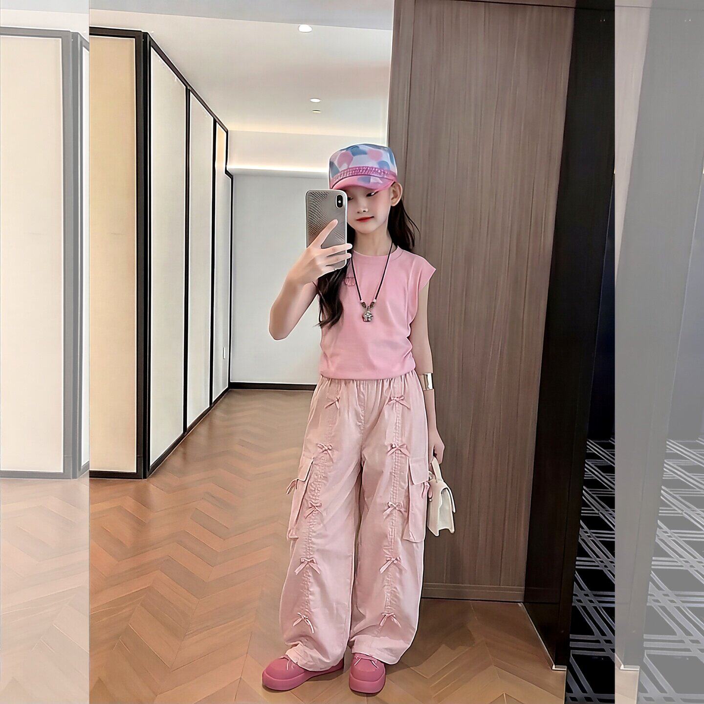 甜美风蝴蝶结工装裤女童裤子夏薄款阔腿裤大童初中生宽松休闲长裤