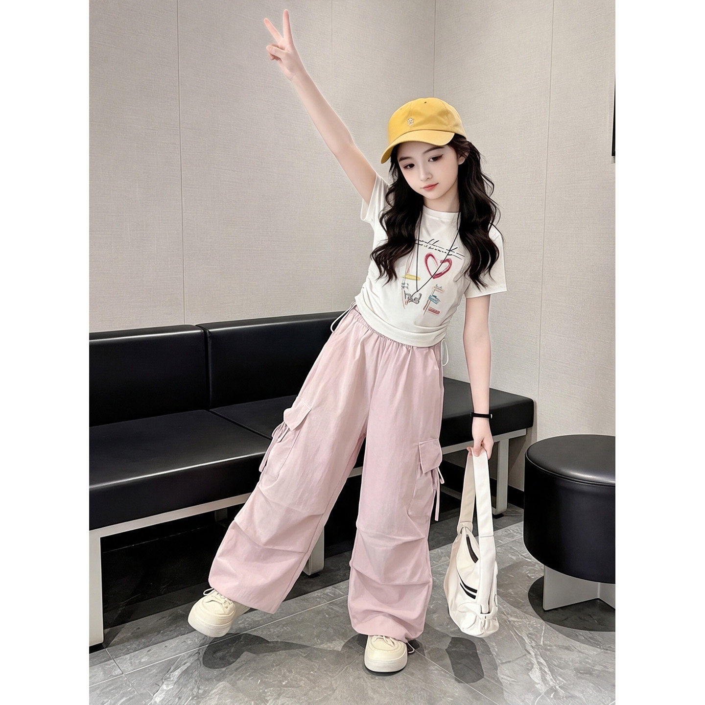 女童工装裤2026夏季薄款阔腿裤洋气休闲裤拼色腰头户外防晒工装裤