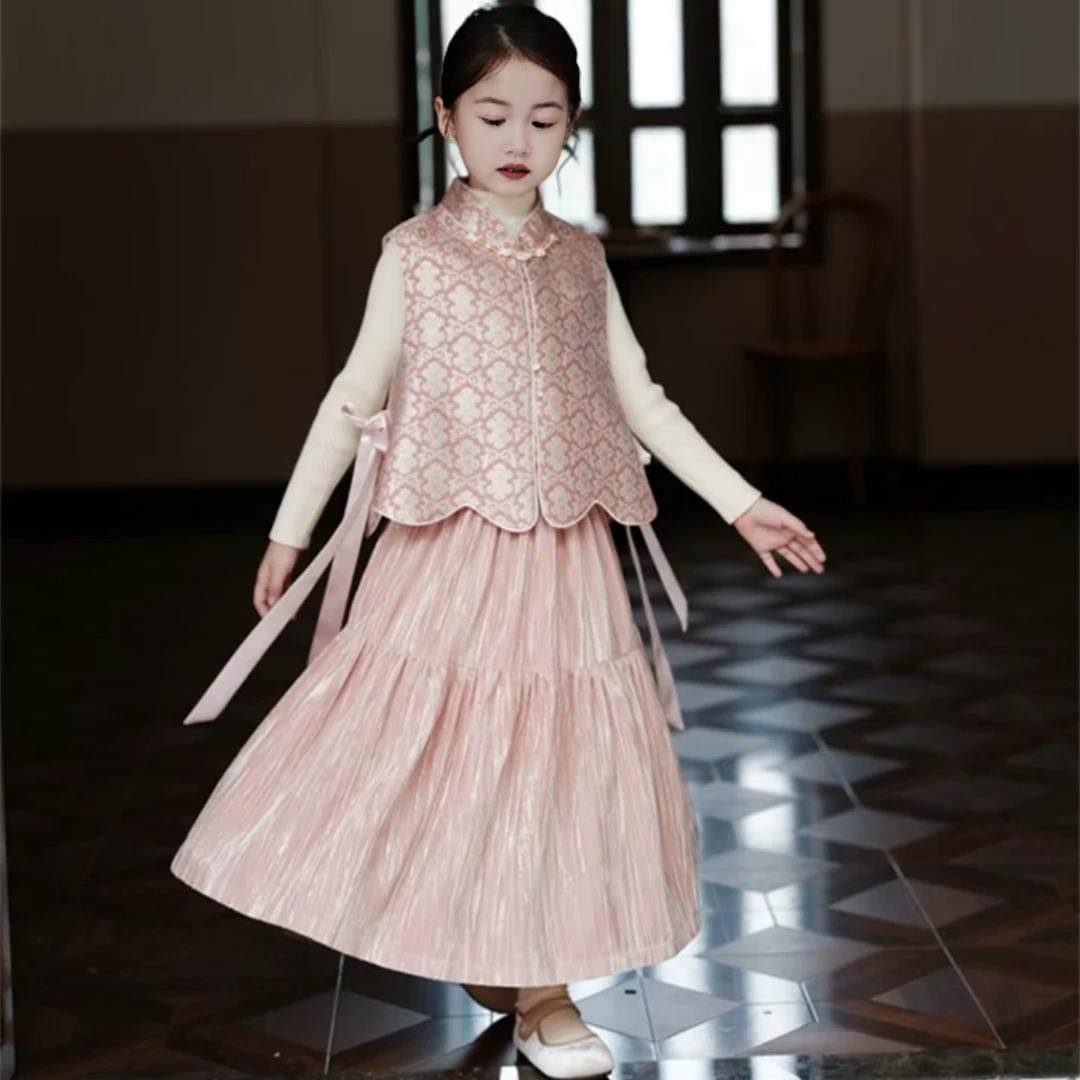 汉服女童秋装2026新款儿童改良新中式套装国风马甲生日礼服裙唐装