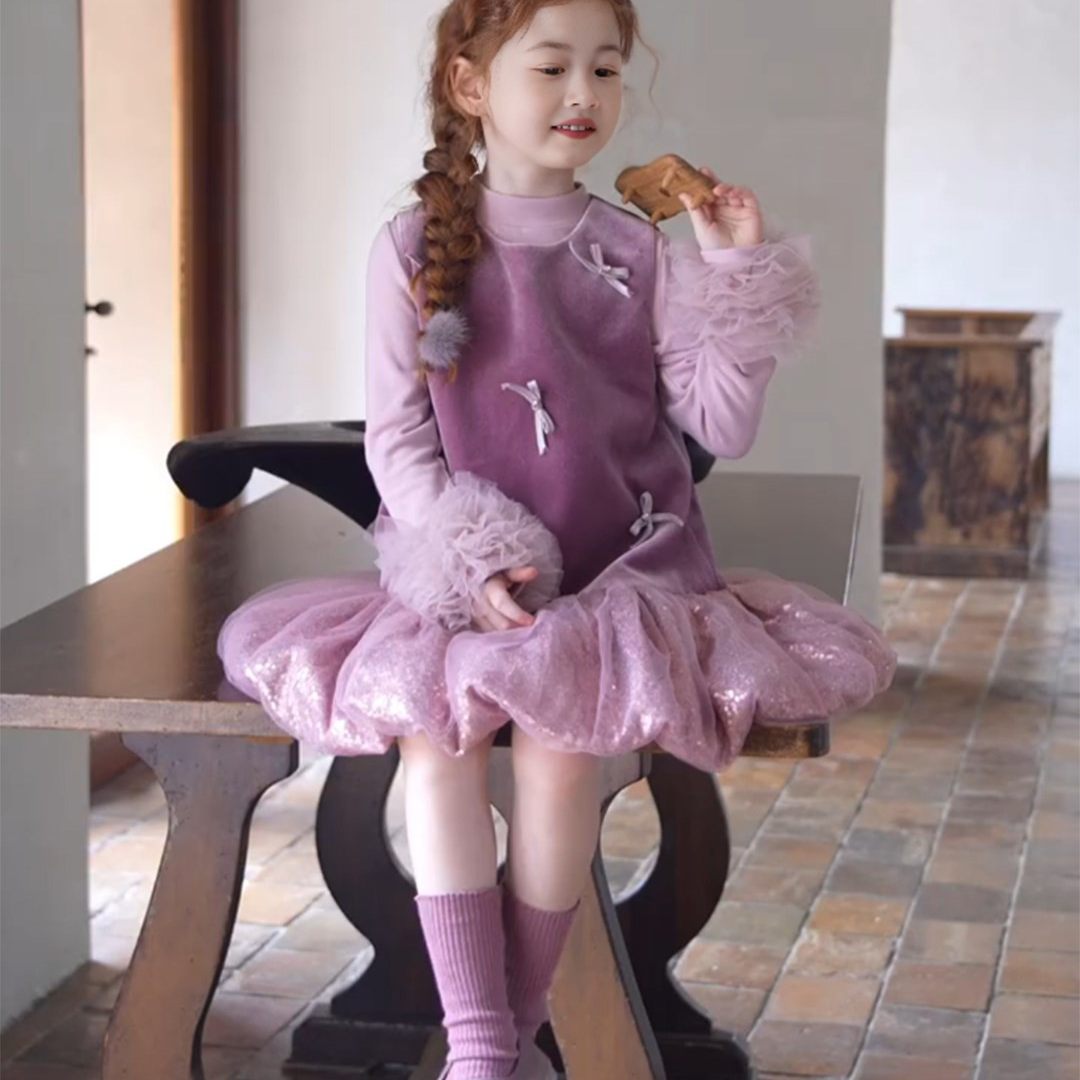 女童秋装2026新款儿童法式生日礼服套装连衣裙背心裙长袖公主裙子
