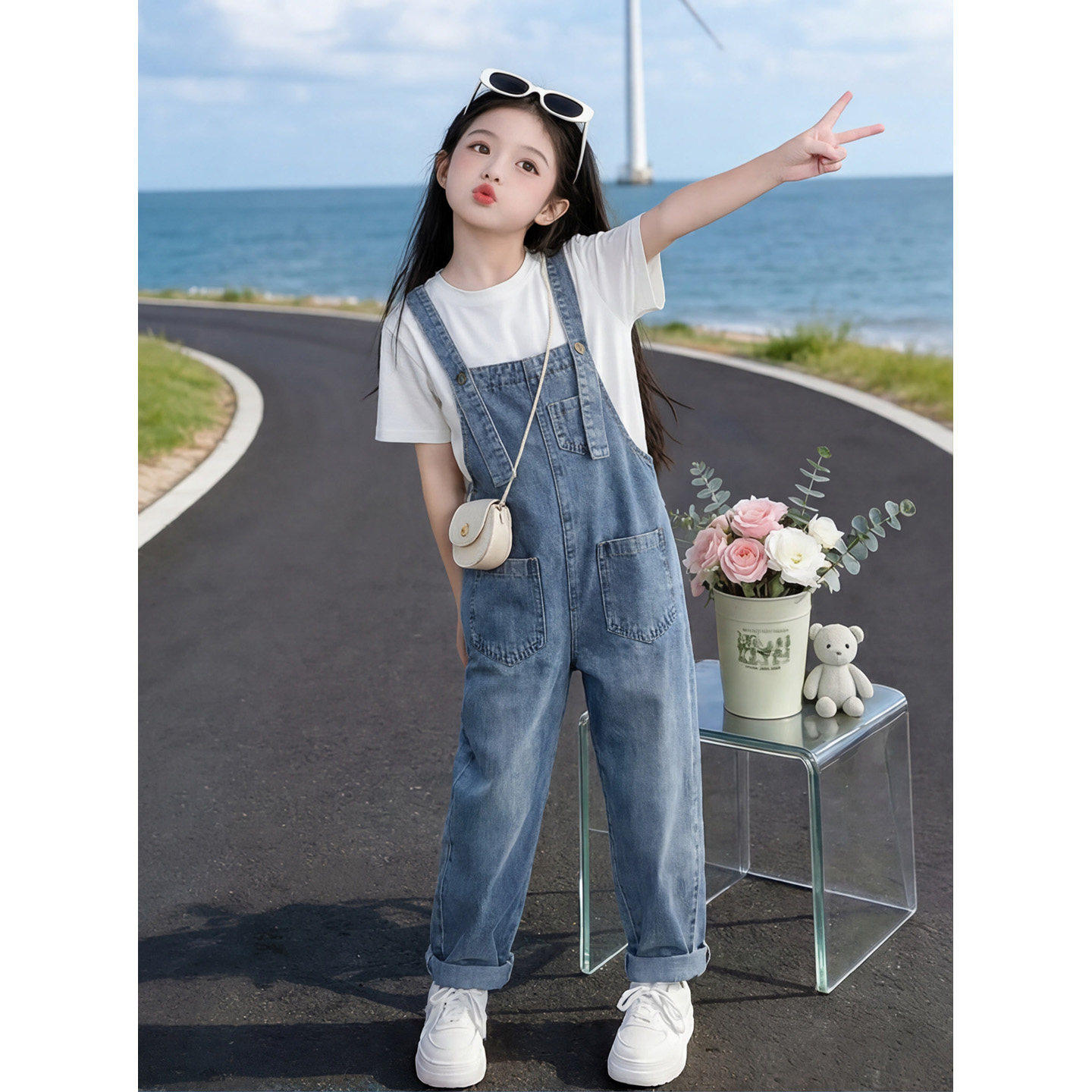 女童牛仔背带裤套装2026新款儿童