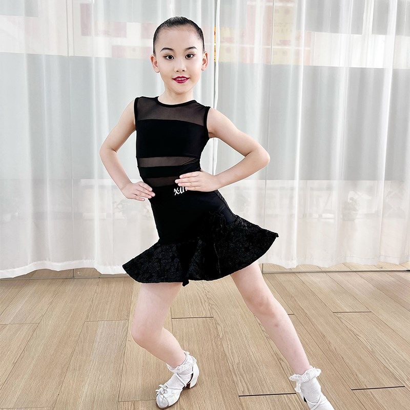 鑫舞儿童拉丁舞蹈服练习演出表演20D24夏季女新款分体无袖提花裙