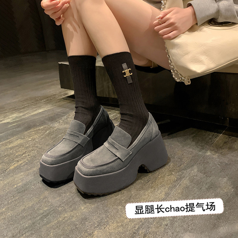 深口厚底乐福鞋女坡跟单鞋2v024春季新款懒人一脚蹬超高跟小皮鞋