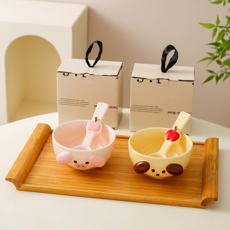 陶瓷情侣碗高级感儿童早餐碗甜品碗带防烫竹O垫送朋友实用结婚礼