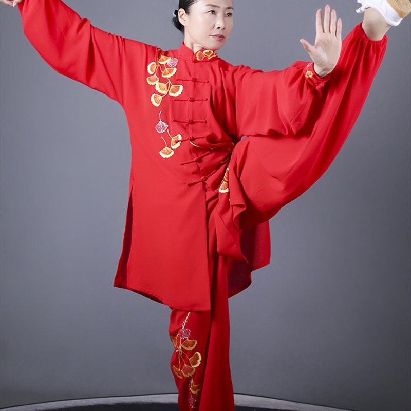 马蕾太极春夏中长款红色女式太极表演服男练功晨练T服刺绣银杏飞