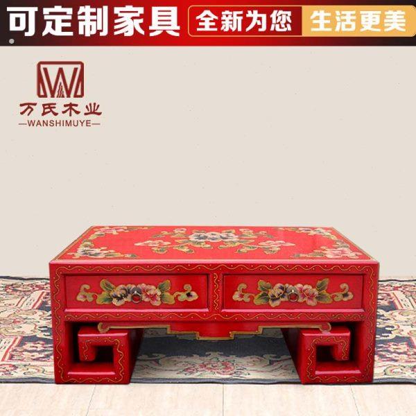 实木炕桌炕几仿古中式家具彩绘茶桌古典下卷茶几藏式做旧卷案书桌