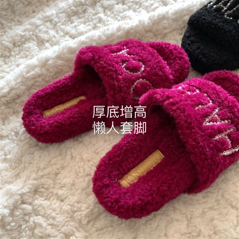 玫红火龙果~INS厚底毛毛拖鞋女外穿2F026年新款秋冬时尚毛绒一字