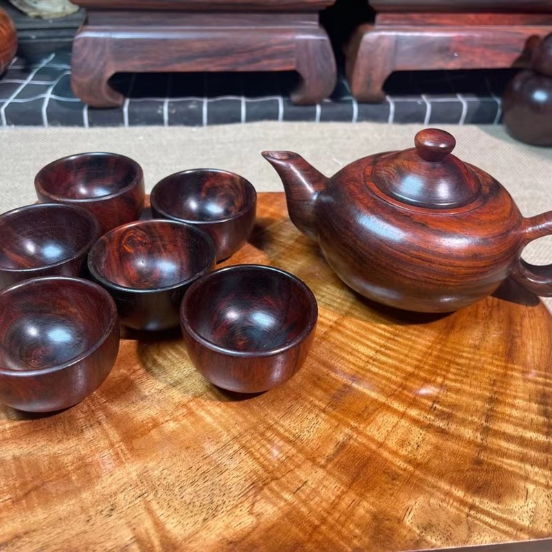 大红酸枝木茶具套装摆件茶壶茶杯 D红木工艺品摆件 交趾黄檀木茶
