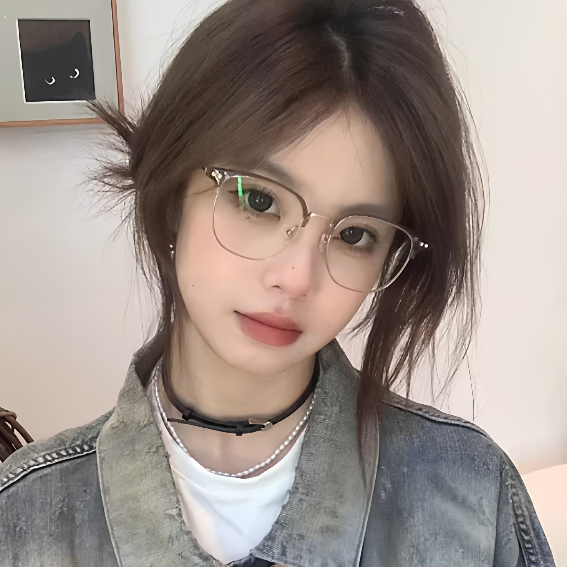 新款超清半框眼镜女近视可配度数素颜冷茶色眼镜框架方圆脸显脸小