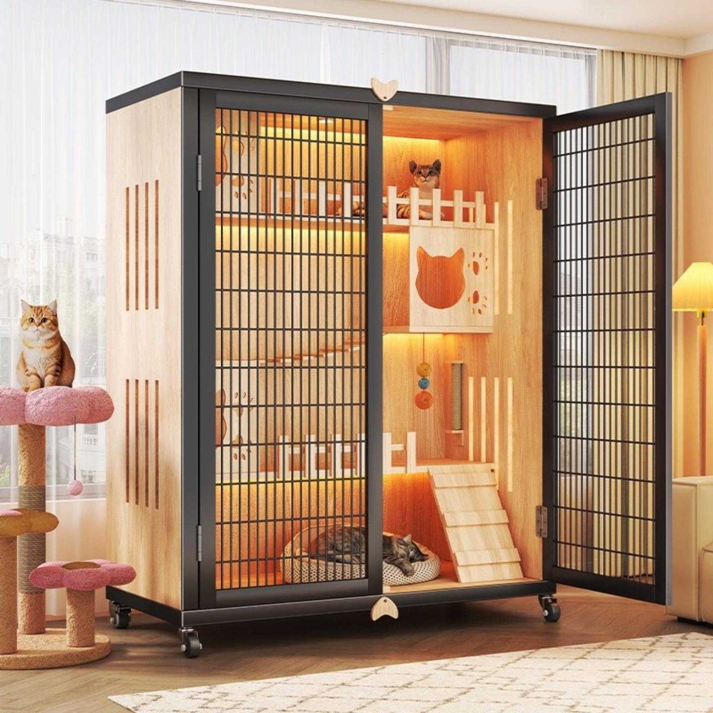 木质猫笼子铁网通风猫厕一体大