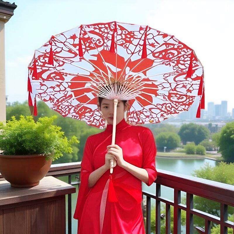 古风伞剪纸绸布伞中国跳舞舞蹈伞汉服道具古典演出伞拍照摄影流苏