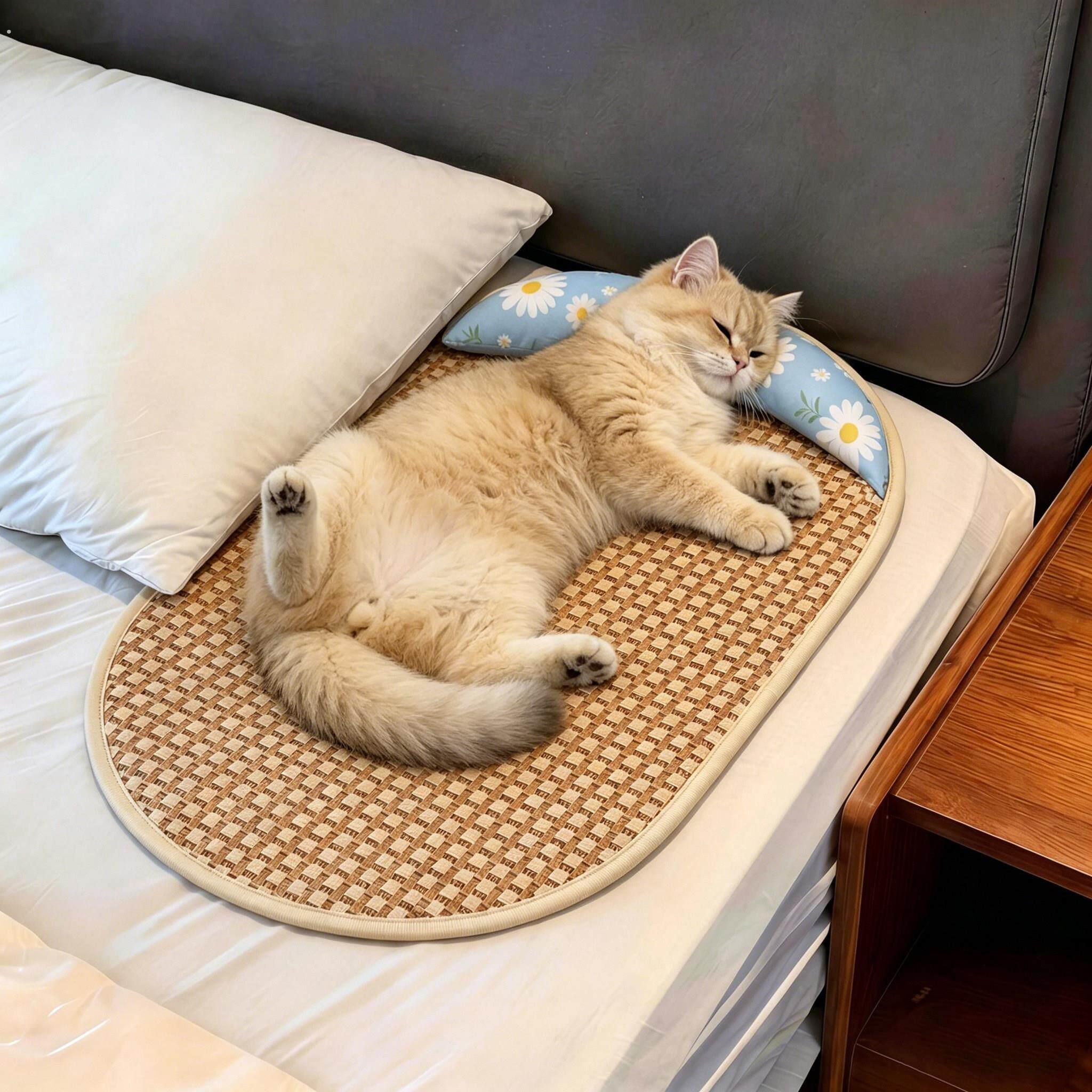 猫咪凉席藤编睡垫夏天宠物窝透气垫子带枕头降温神器猫咪睡垫防暑