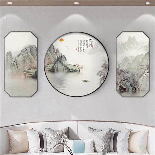 新中式客厅沙发背景墙装饰画书房茶室三联壁画办公室挂画山水国画