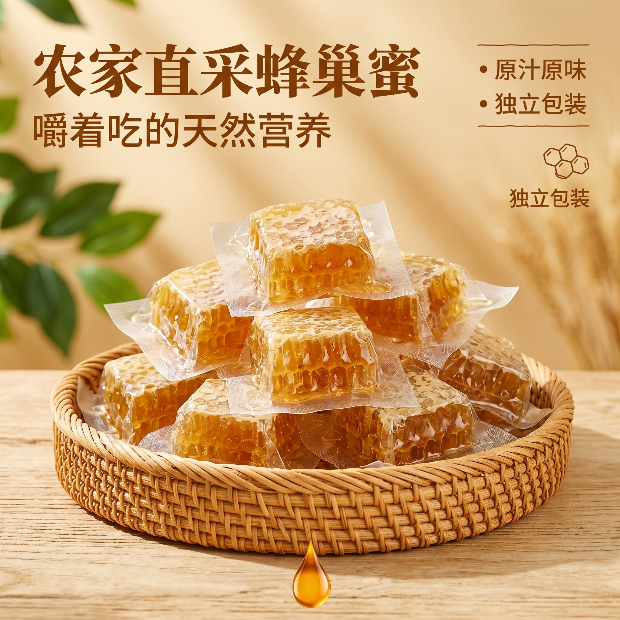 蜂蜜巢块嚼着吃蜂巢胚蜂蜡窝蛋糕整块小包装可食用带着少量蜜便携