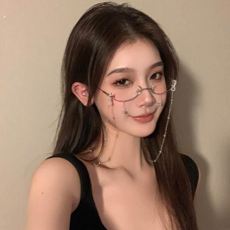 纯欲风网红眼镜框下半框眼镜女无镜片装饰带链条拍照道具流苏挂链
