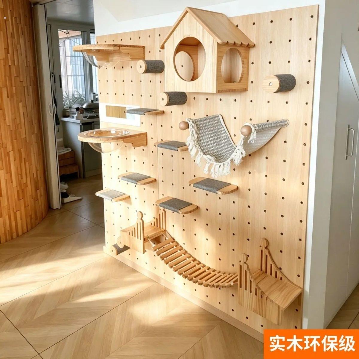 木制洞洞板猫爬架 墙上壁挂式实木洞洞板墙壁式免打孔猫窝一体猫