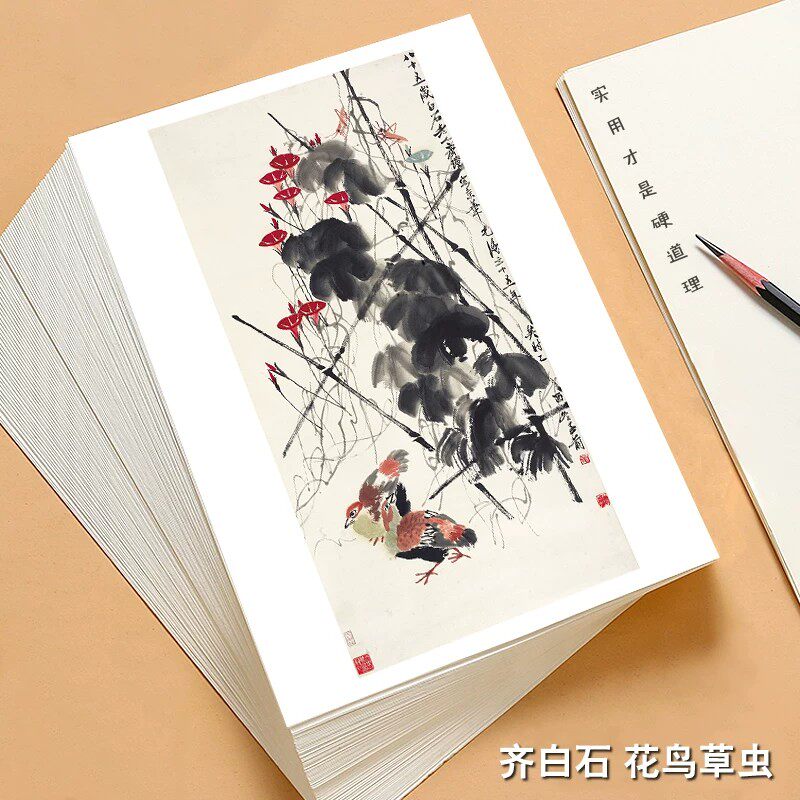 国画临摹卡花鸟草虫篇 齐白石国画入门艺术培训教学全套单面40张铜版纸国风 - 实物图