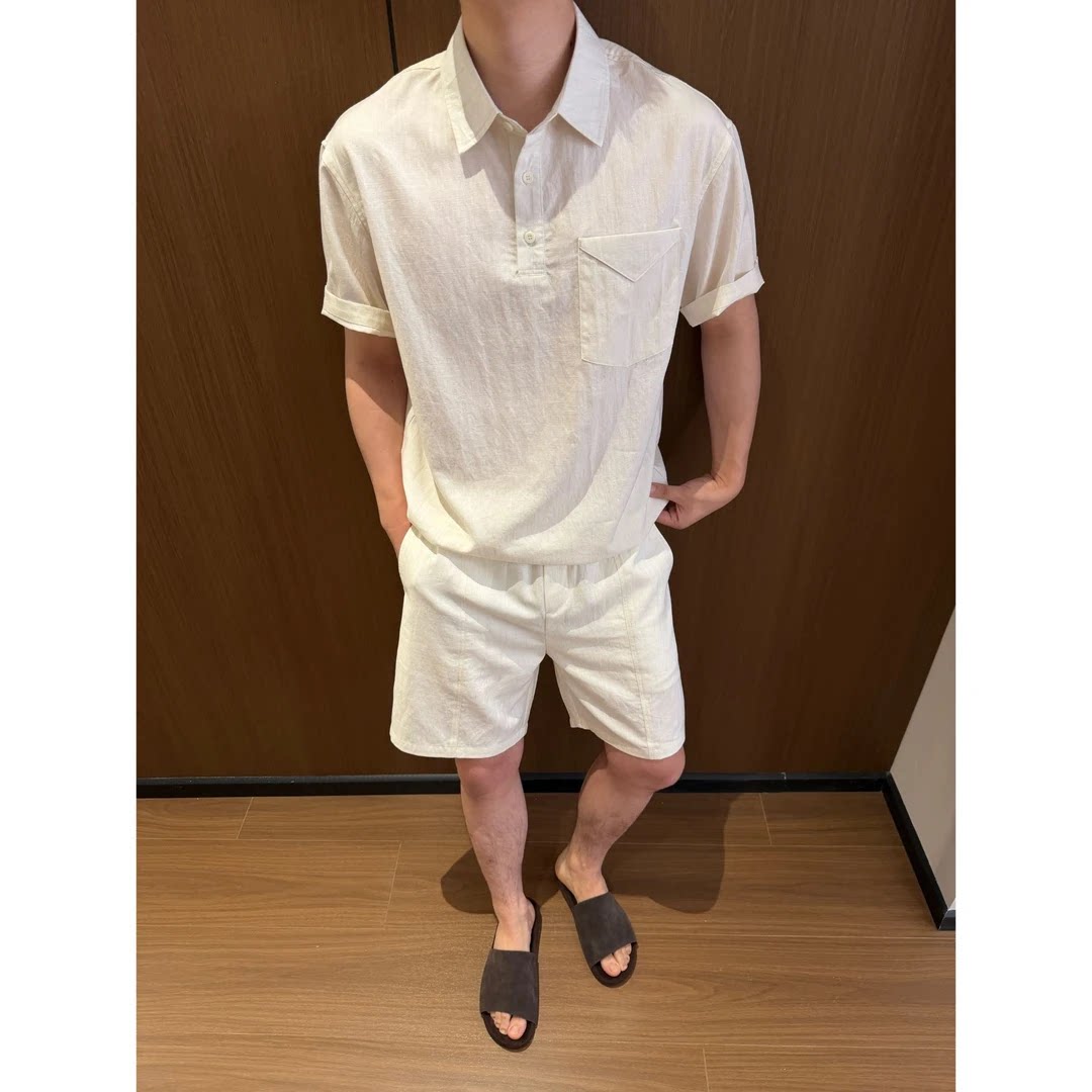 亚麻夏季老钱风凉感舒适透气男士休闲轻奢痞帅短袖短裤时尚套装