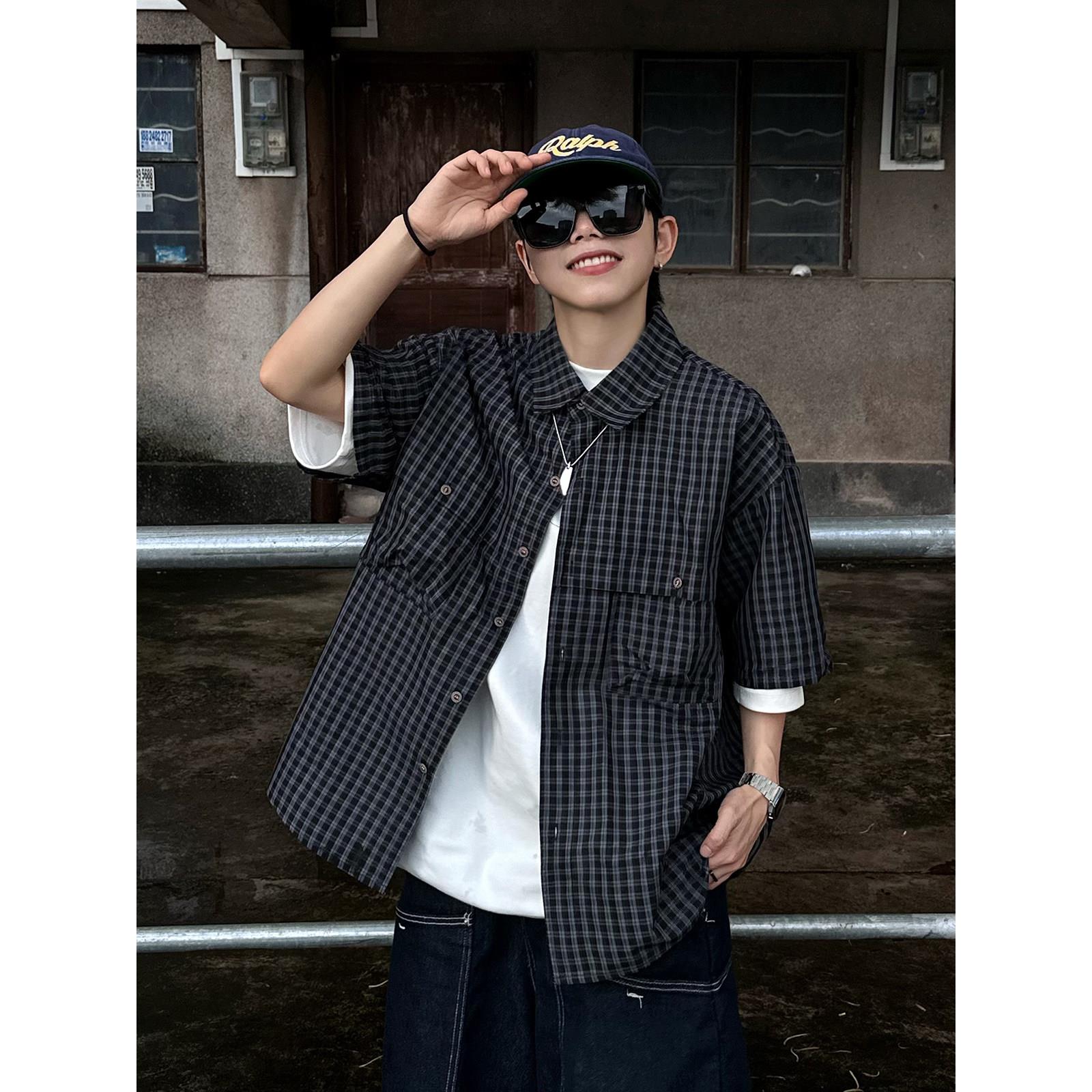 XBRO日系复古夏季短袖衬衫格子cityboy男女情侣工装五分袖衬衣bf