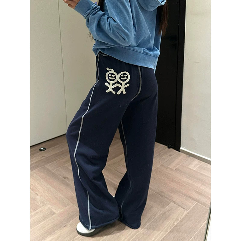 藏青色刺绣运动裤女2026秋季新款美式高街火柴人印花直筒阔腿长裤