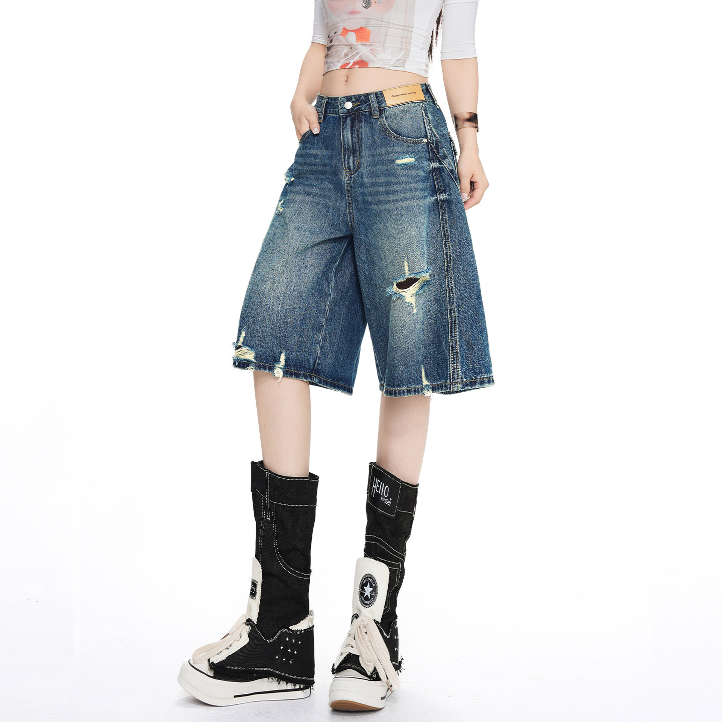 复古破洞阔腿五分牛仔裤女短裤2026夏季新款美式高腰宽松直筒中裤