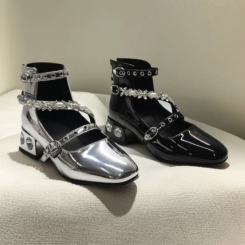 春夏女童银色漆皮水钻宝石粗跟高帮玛丽珍单鞋儿童模特走秀比赛鞋