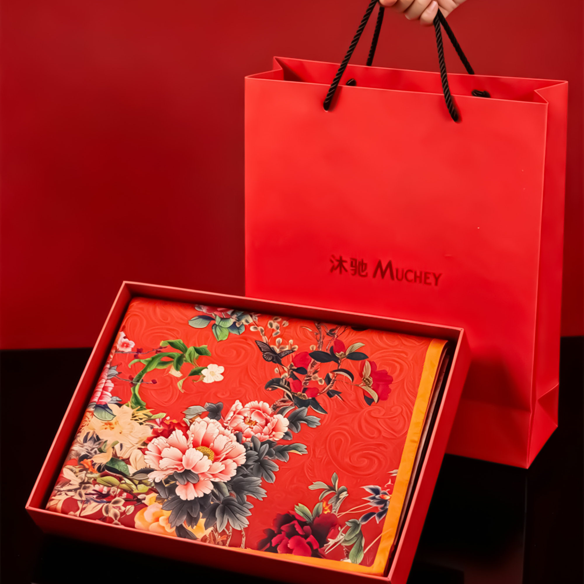 非遗香云纱真丝牡丹印花长方巾