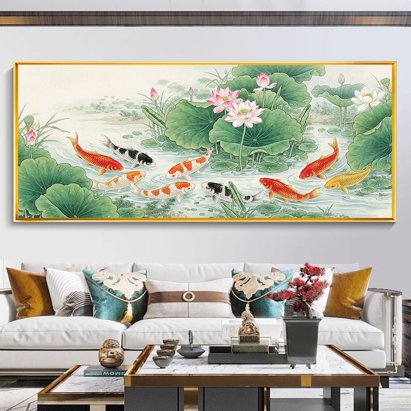 现代荷塘戏水九鱼图十字绣满绣2026新款九鱼如意沙发背景墙手工绣