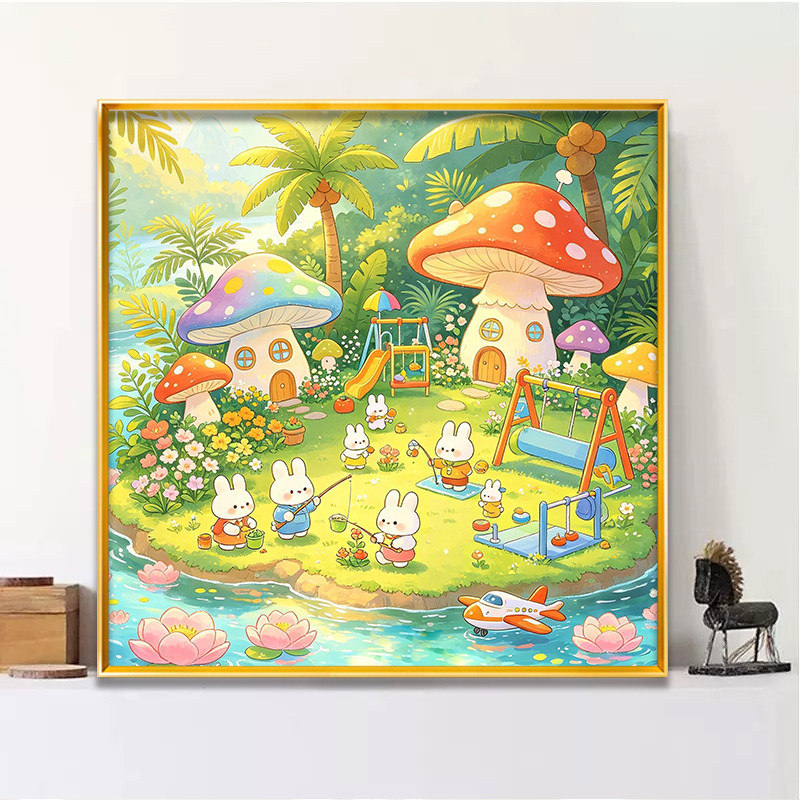 卡通超萌小兔十字绣线绣2026新款春日蘑菇屋手工绣小尺寸方形满绣