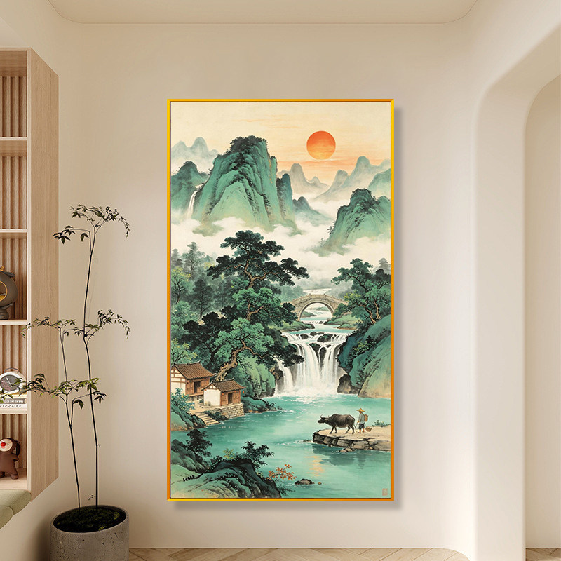 现代水墨青山绿水手工绣满绣2026新款流水生财玄关墙壁十字绣线绣